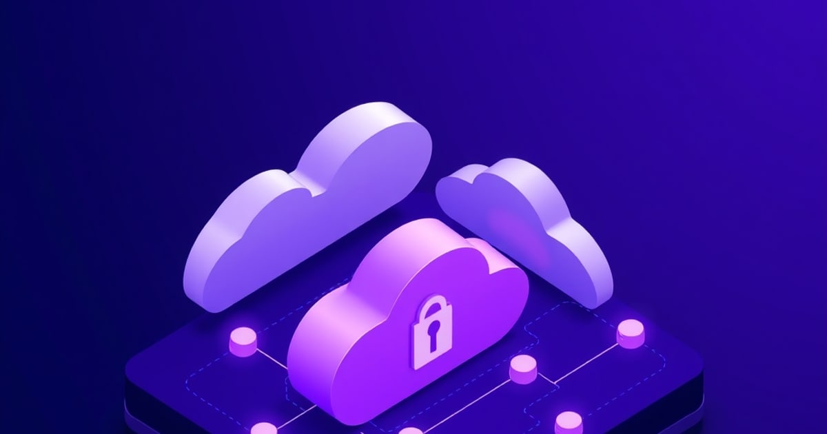 Three isometric purple clouds float above a dark circuit-board platform, the center cloud glowing pink with a padlock icon linked by dotted lines to small nodes.