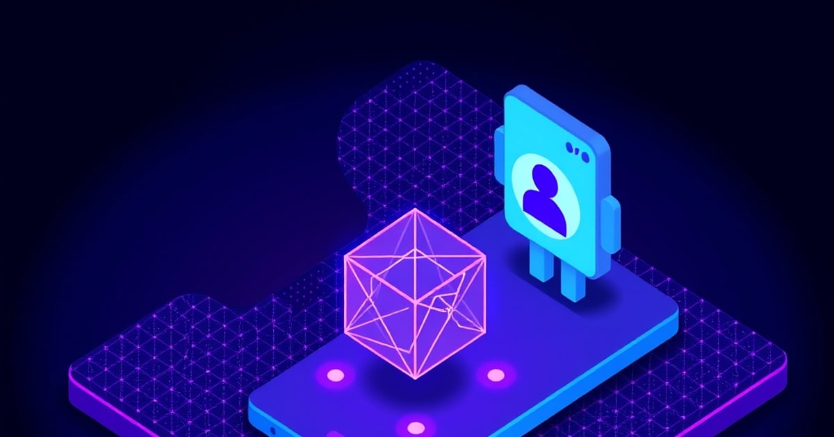 Flat isometric illustration of a blue phone slab holding a pink wireframe cube and a cyan robot figure with a person avatar, faceted head shape behind.
