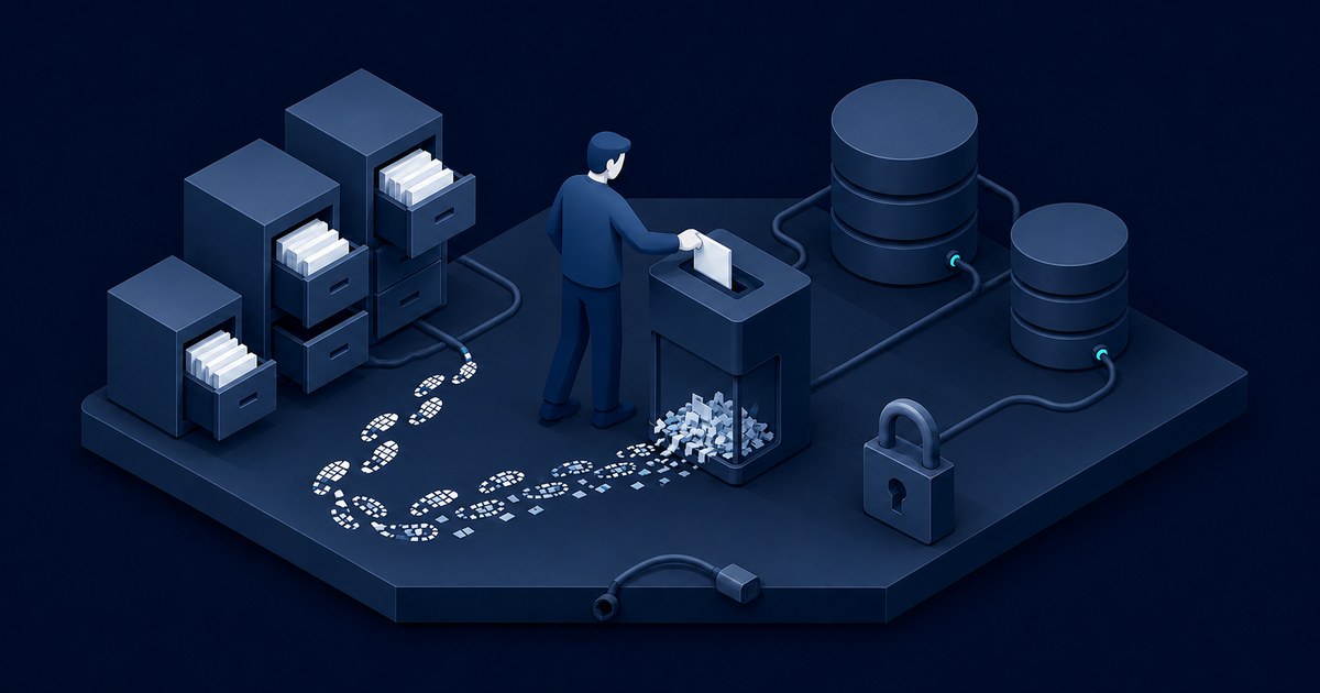 Dark navy isometric scene of a person shredding a document as pixelated footprints trail from filing cabinets, with database stacks and a padlock nearby.