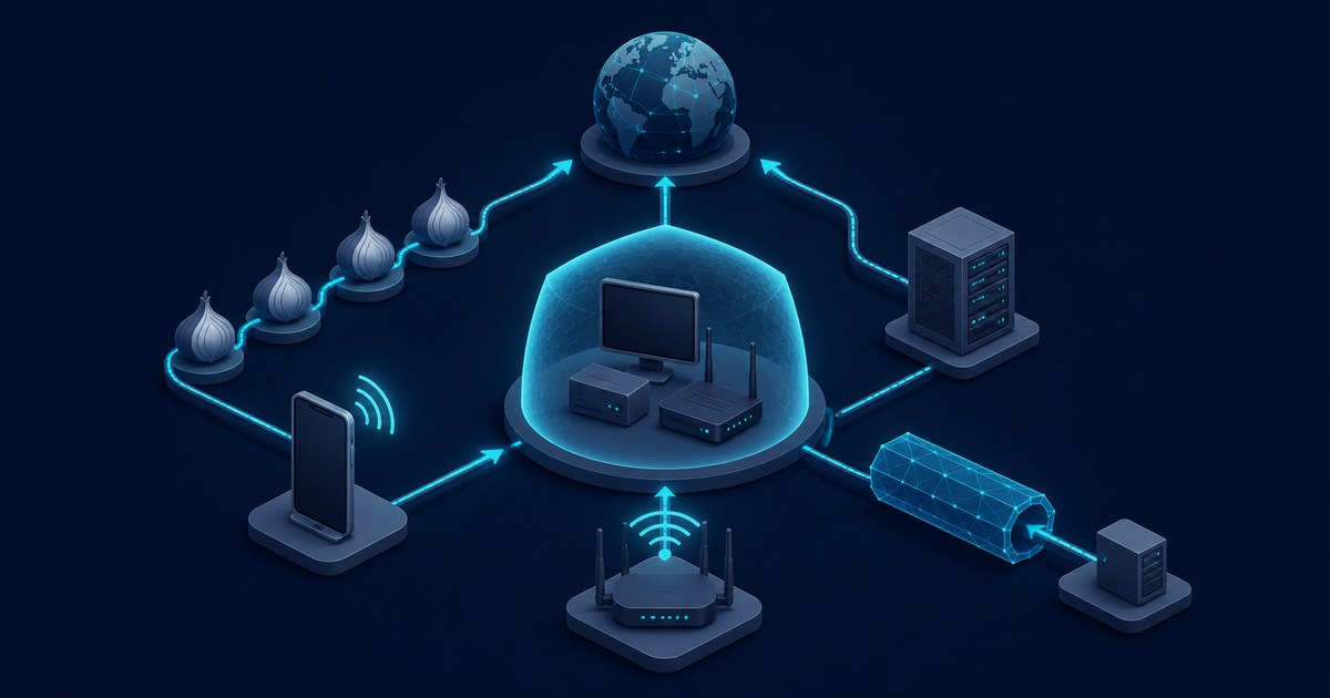Isometric network diagram of a dome-shielded PC and router linked by glowing paths to onion icons, a phone, proxy servers, a tunnel and a globe.
