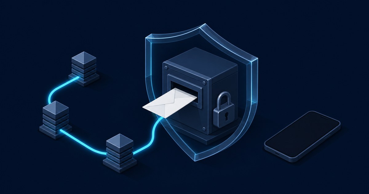 A white envelope slides into a padlocked safe inside a glowing shield, fed by a cyan line from three server nodes, while a dark smartphone sits apart.