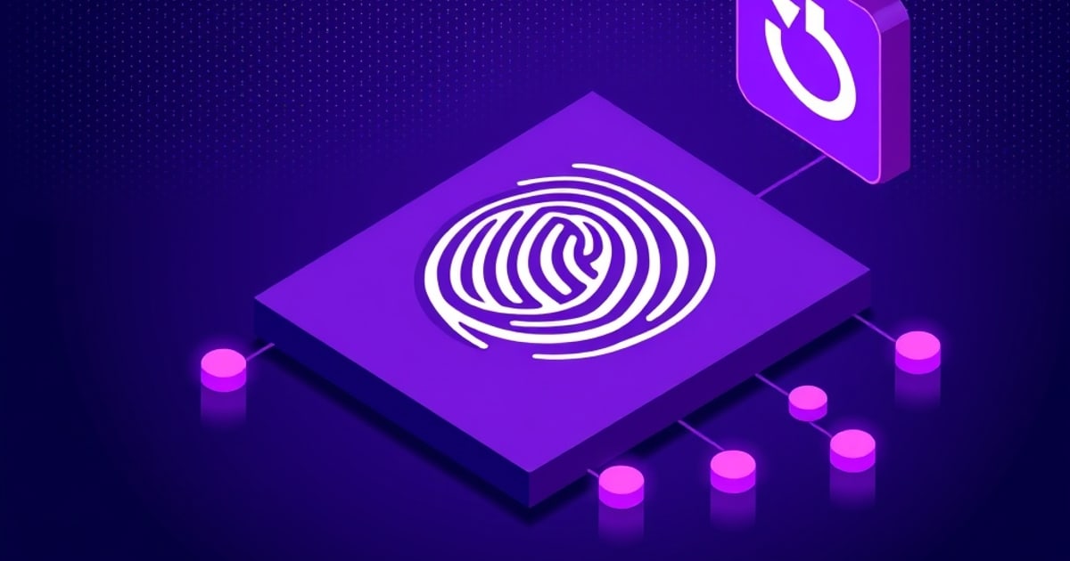 Flat isometric illustration of a white fingerprint whorl on a purple slab, magenta node dots branching below and a floating purple power-icon tile.