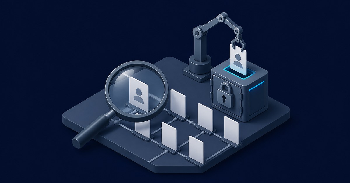 Dark isometric scene where a magnifying glass inspects a grid of blank profile cards while a robotic arm locks one card away inside a padlocked vault.