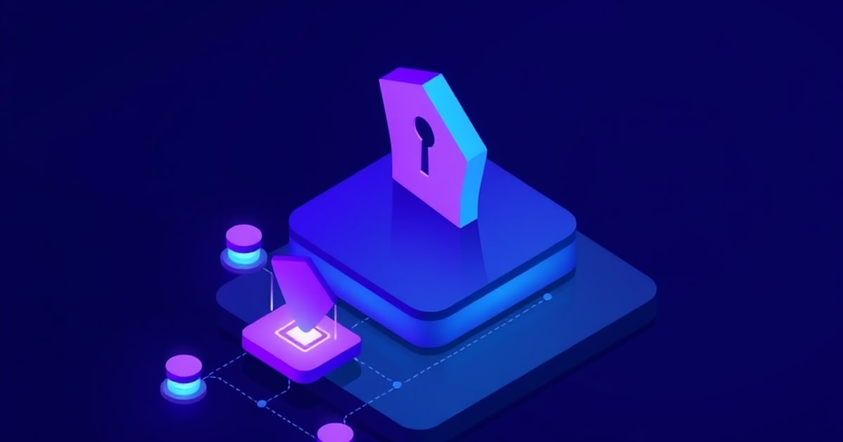 Isometric four-tool privacy stack: password manager, VPN, encrypted email, and two-factor authentication